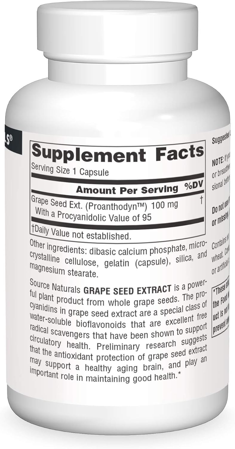 Source Naturals Extracto de semilla de uva, Proanthodyn 100 mg Protección antioxidante y apoya el envejecimiento saludable del cerebro – 120 cápsulas