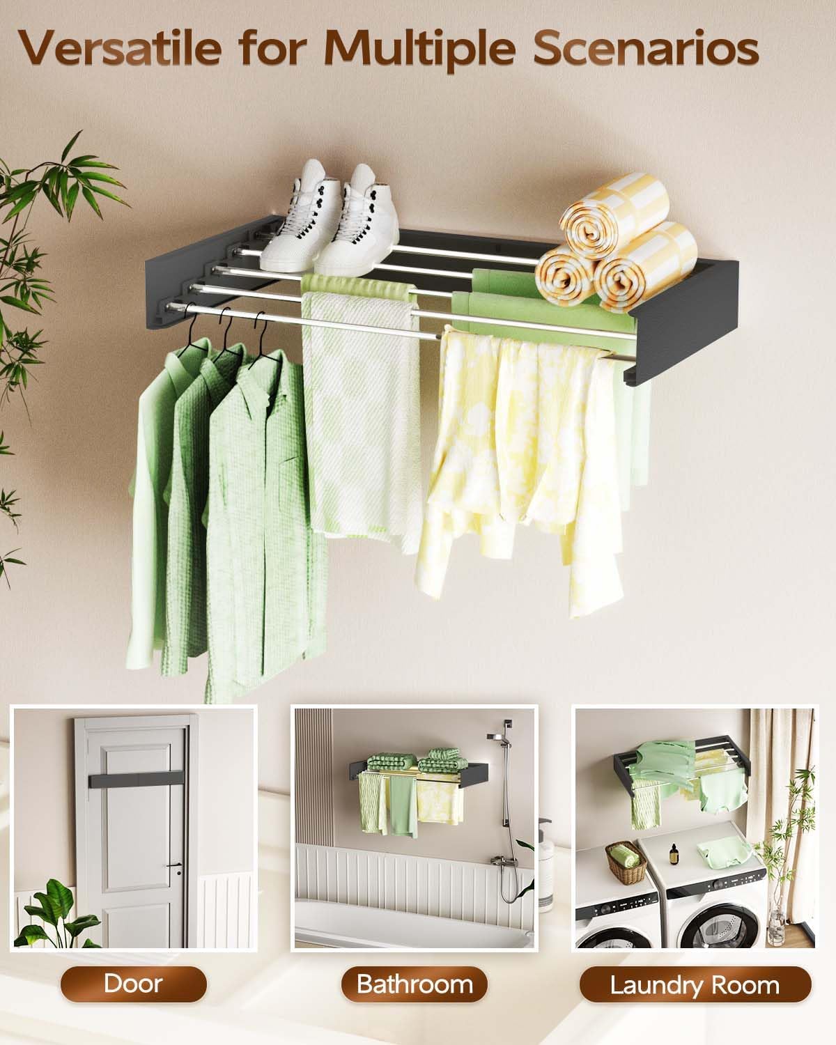 Vikaqi Clothes Drying Rack Wall Mounted, 31″ Drying Rack Clothing Retractable, Laundry Drying Rack Space Saving, Collapsible Drying Racks for