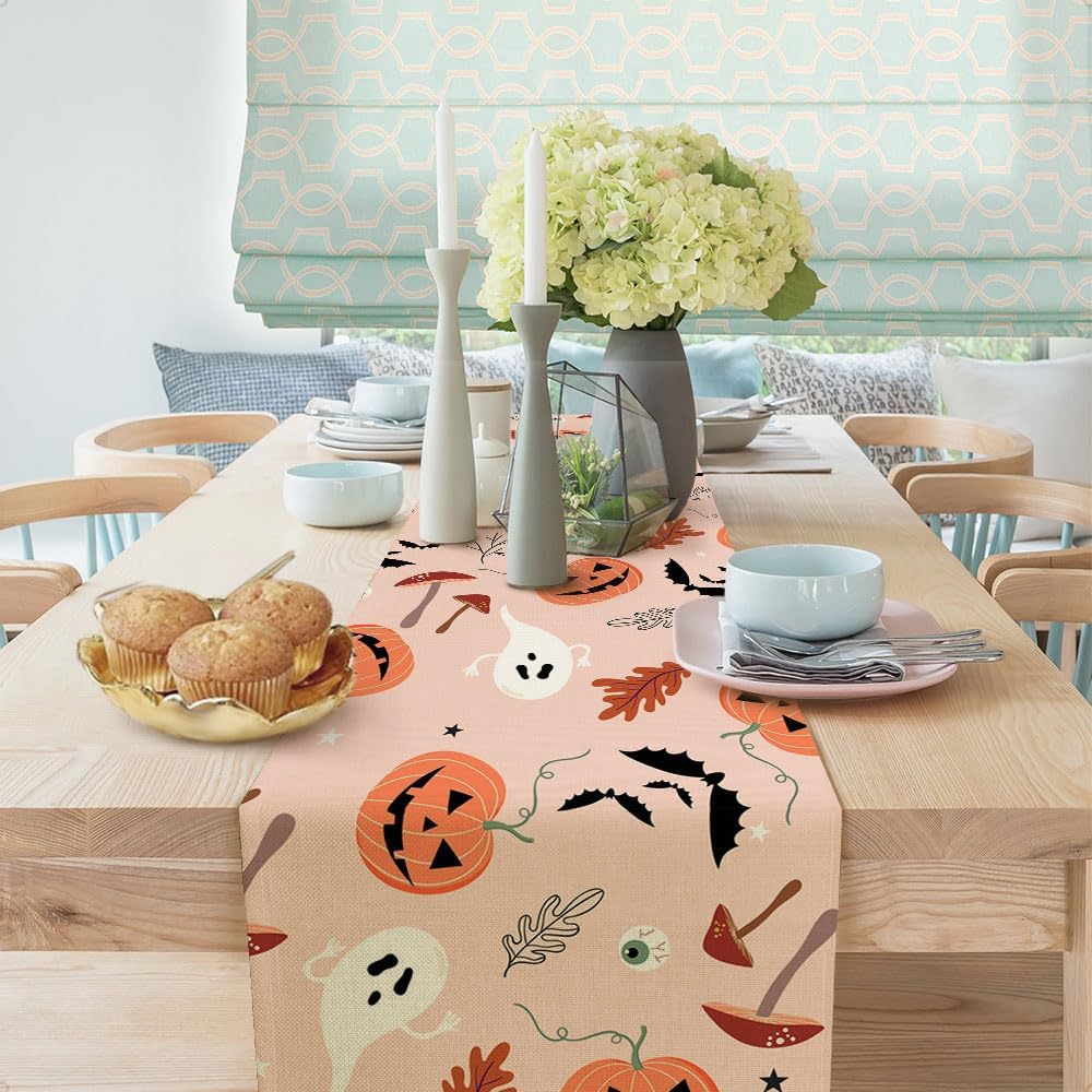 Camino de mesa temático de Halloween, lindo fantasma rosa, calabaza, divertido patrón de hongos, cocina, comedor, mesa de café, decoración para