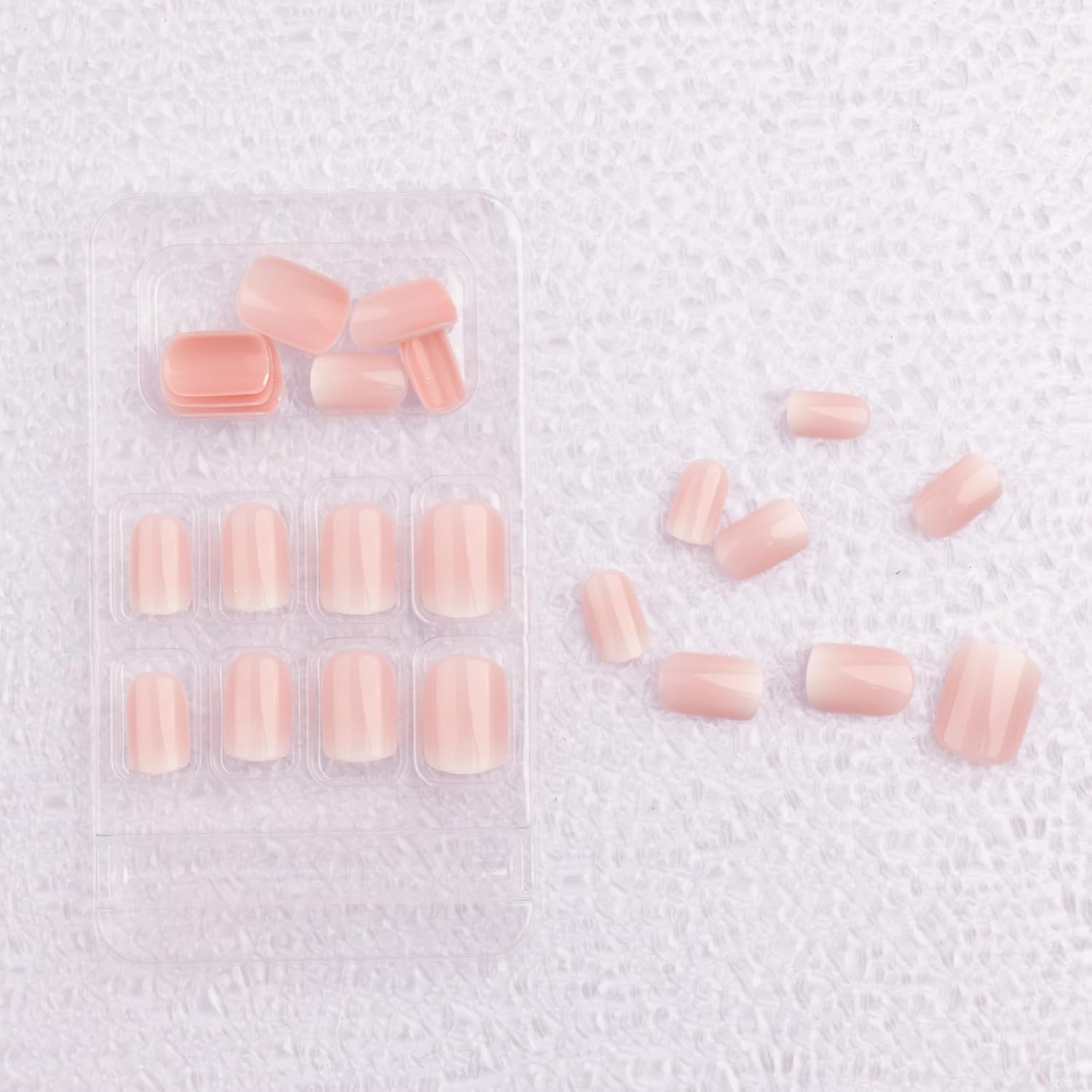Uñas postizas francesas a presión, cuadradas, cortas, color rosa nude, con diseños brillantes, uñas acrílicas con pegamento en uñas de cobertura