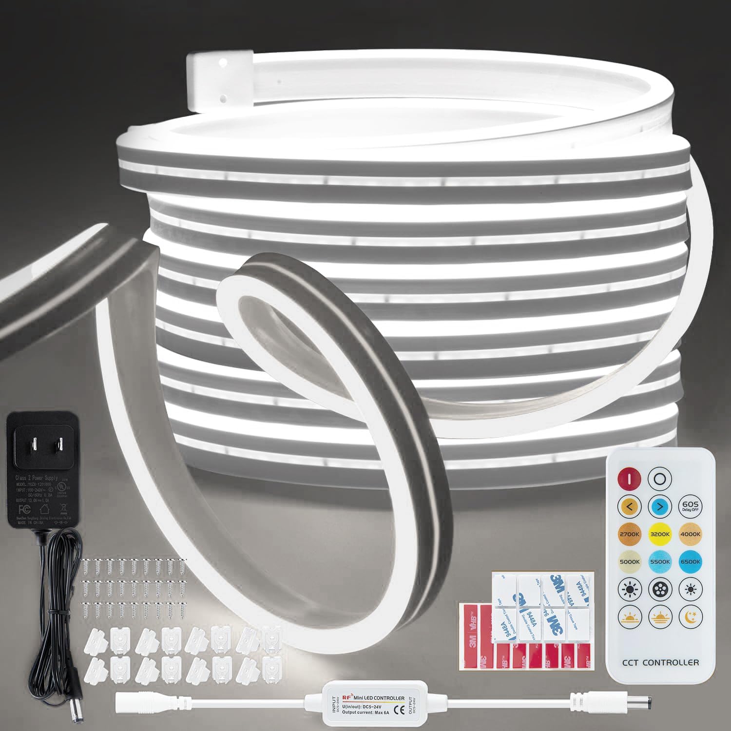 Tira de luces LED, 3000K-6000K blanco sintonizable, tira de luces LED de neón de 10 pies, cinta LED brillante regulable, adhesivo fuerte 3M, luces