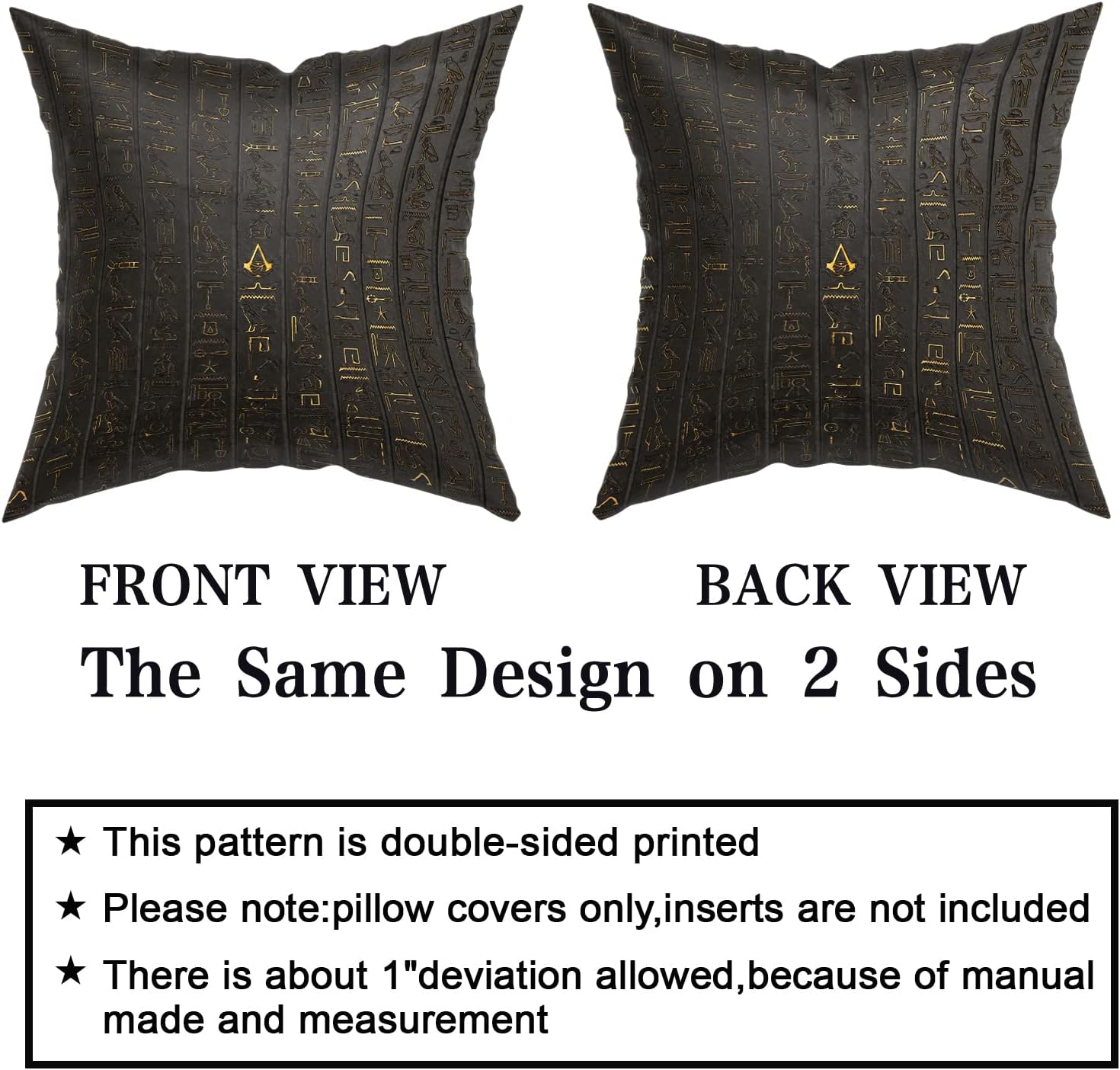 2 fundas de almohada de jeroglífico egipcio antiguo de 18 x 18 pulgadas, fundas de almohada decorativas de tamaño estándar, color negro y dorado,