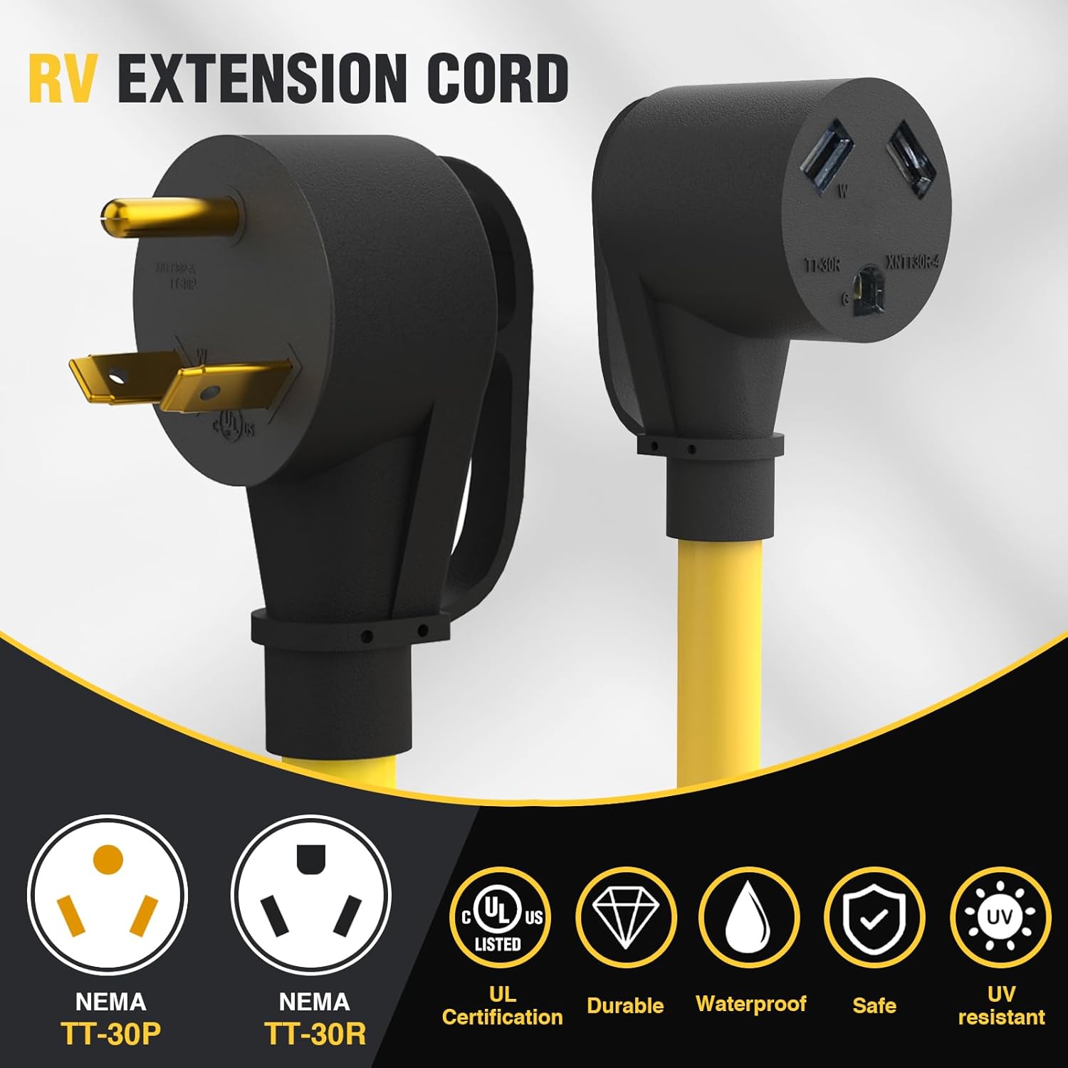 Cable de extensión de RV de 50 pies y 30 amperios NEMA TT-30P a TT-30R con mango de agarre, 3 clavijas de 125 voltios 103 STW 10 AWG calibre 3