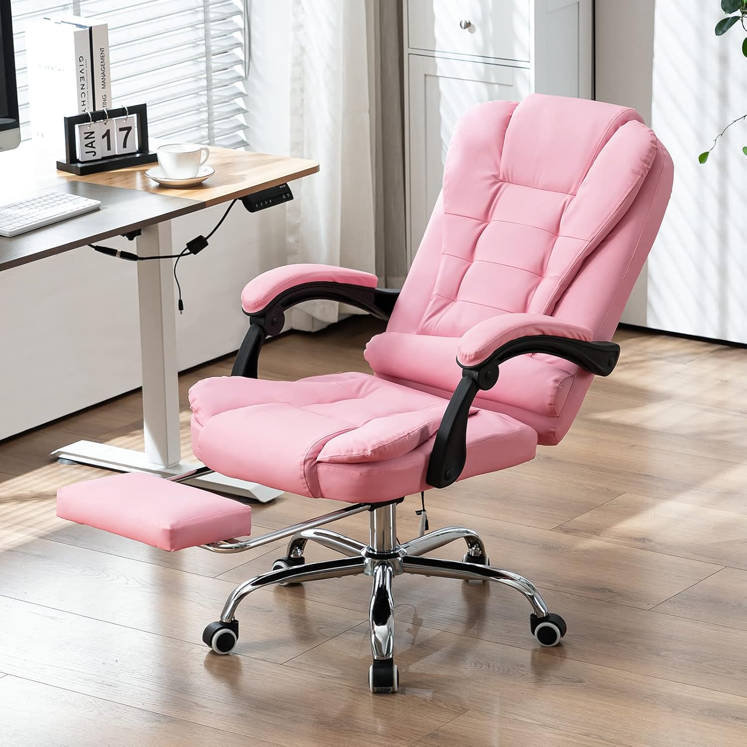 Silla de oficina de masaje, silla ejecutiva ergonómica para computadora con reposapiés, silla de oficina ejecutiva de piel sintética con reposabrazo