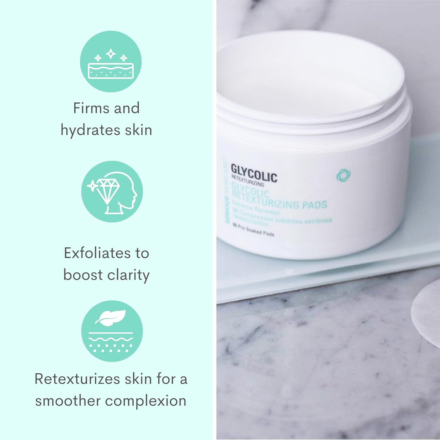 Serious Skincare – Almohadillas faciales de rejuvenecimiento glicólico para una piel más suave – Ácido glicólico – Exfolia las células muertas de la