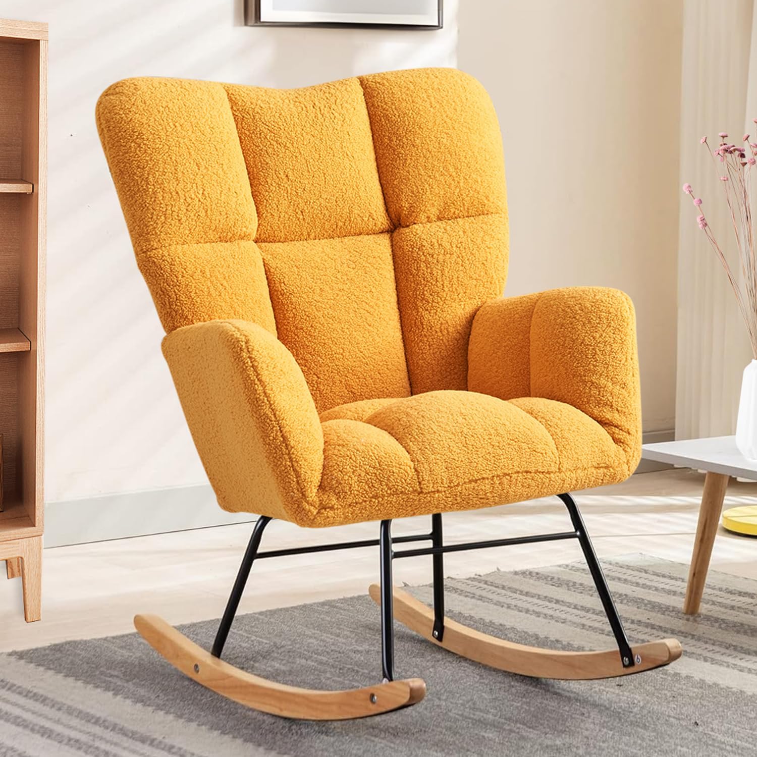 Ugijei Mecedora para guardería, mecedora tapizada de peluche con respaldo alto, moderna silla mecedora para guardería, sala de estar, dormitorio