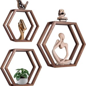 YLYHSST Juego de 3 estantes flotantes hexagonales, estantes de madera de panal para almacenamiento en la pared, estante decorativo para dormitorio, YLYHSST Juego de 3 estantes flotantes hexagonales, estantes de madera de panal para almacenamiento en la pared, estante decorativo para dormitorio,