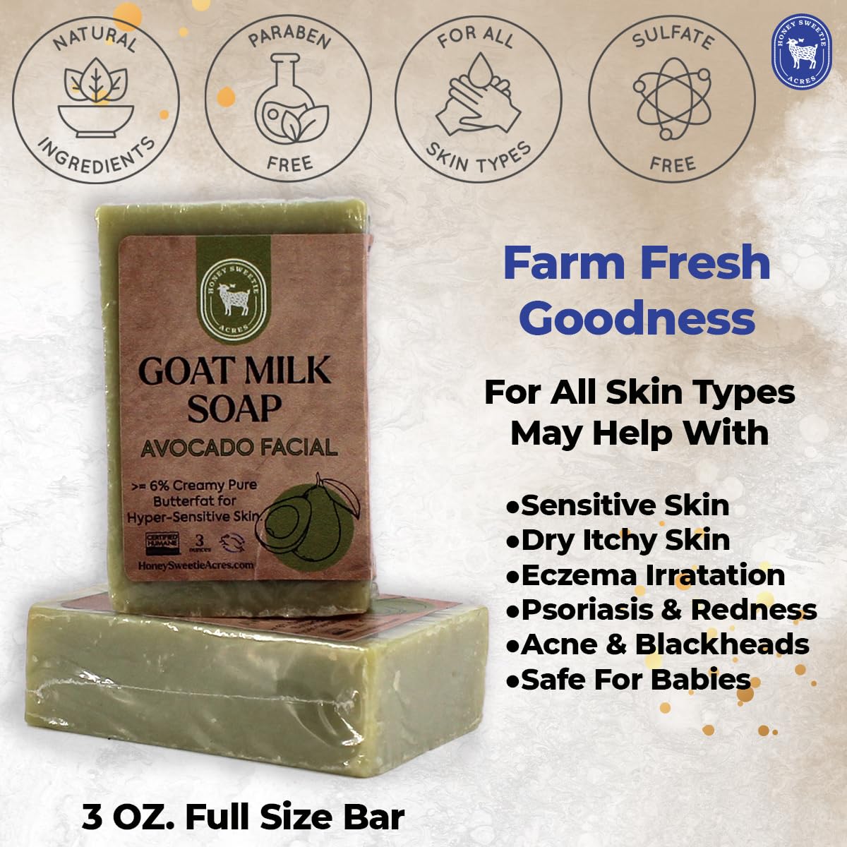 Honey Sweetie Acres Barra de limpieza facial de leche de aguacate y cabra  Jabón hidratante orgánico de 3 onzas  totalmente natural, hecho a mano,
