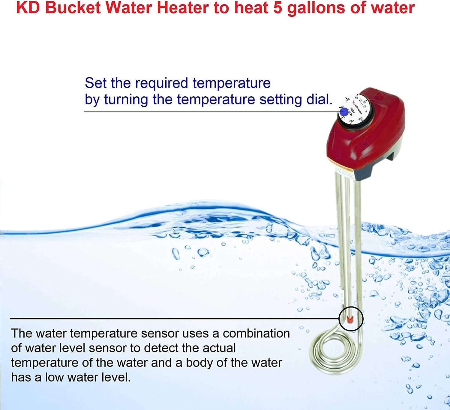 KD Calentador de agua de cubo de inmersión de 1600 W, apagado automático, prevención de sobrecalentamiento, sensor de nivel de agua automático,