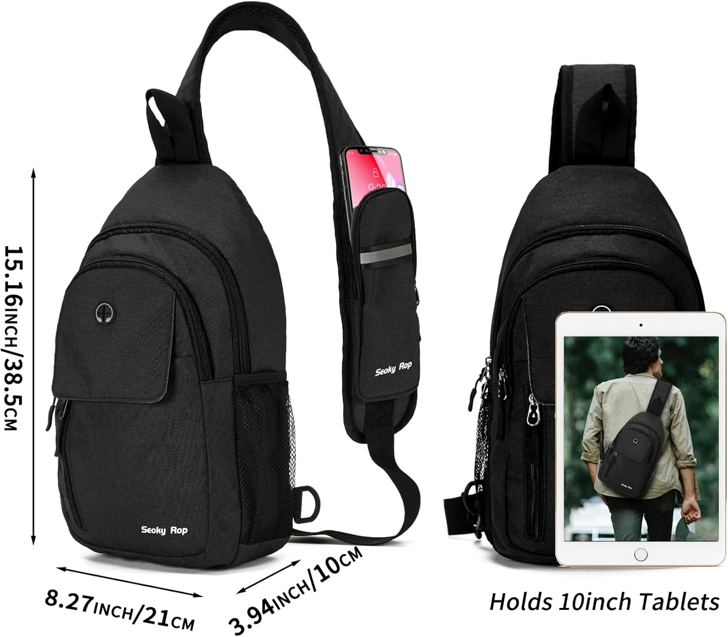 Seoky Rop Mochila tipo bandolera para hombres y mujeres, resistente al agua, bolsa cruzada para senderismo y viajes, Negro -, Mochilas Sling
