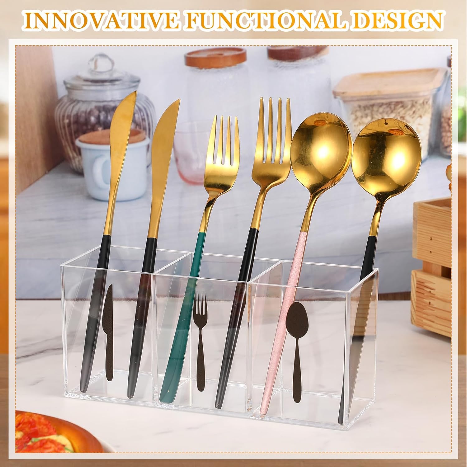 Organizador de almacenamiento de cubiertos de acrílico transparente, organizador de cubiertos para encimera, soporte para cucharas y tenedores, caja