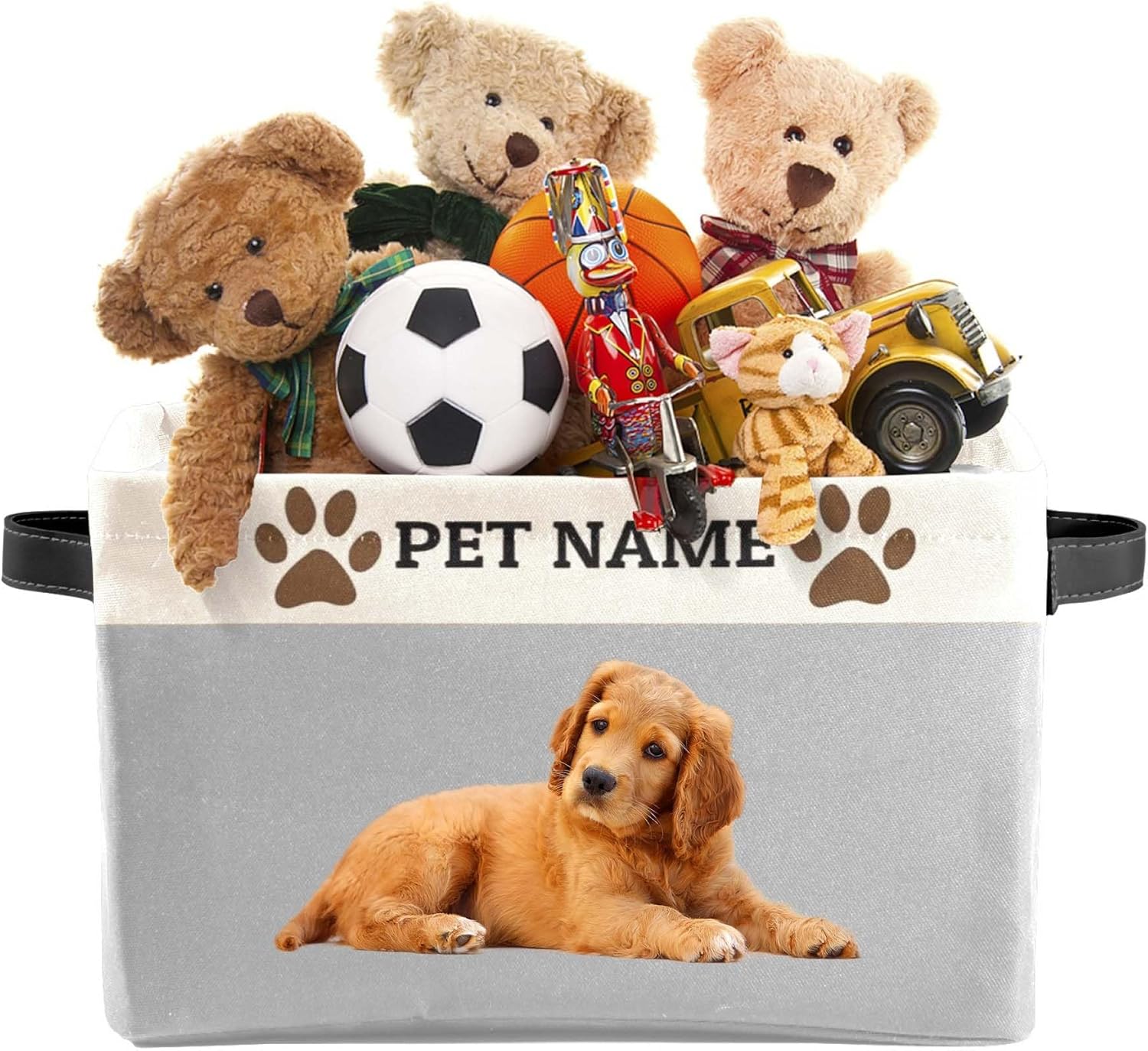 Cesta de almacenamiento personalizada de juguetes para mascotas con asas, nombre y foto personalizados de la mascota, cajas de almacenamiento