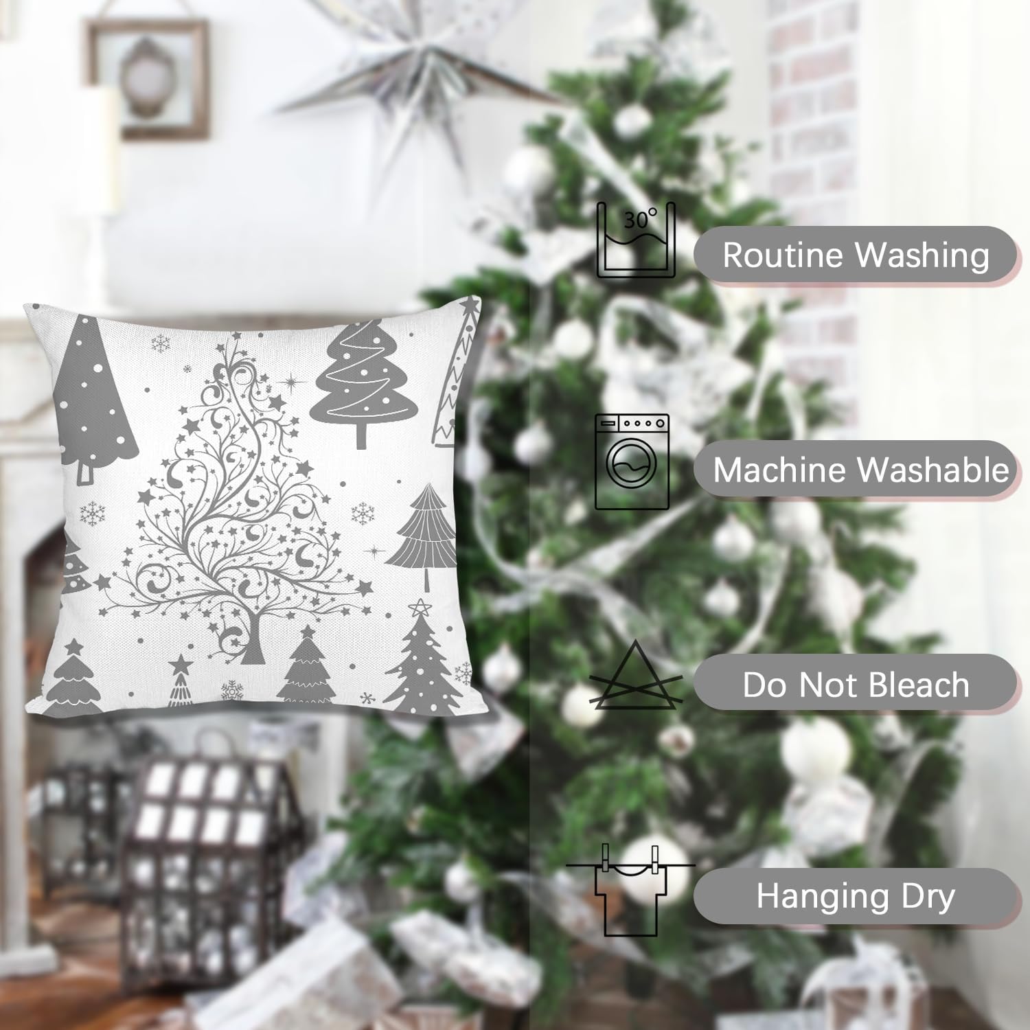 Artmag Juego de 4 fundas de almohada de Navidad grises de 20 x 20 pulgadas, decoración navideña, árboles, ciervos, muñeco de nieve, Feliz Navidad,