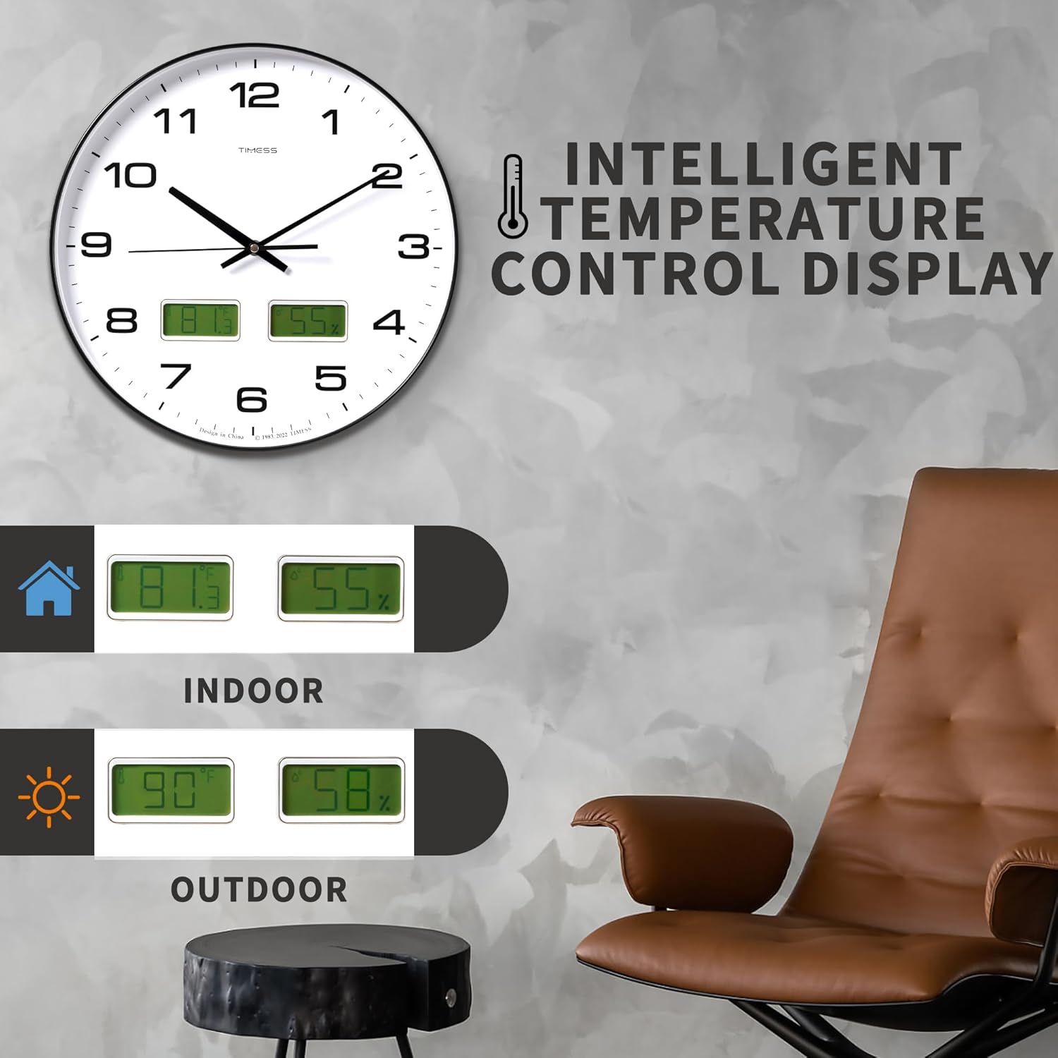 Reloj de pared, esfera grande de 14 pulgadas, silencioso, funciona con pilas, analógico con pantalla LCD dual para temperatura y humedad