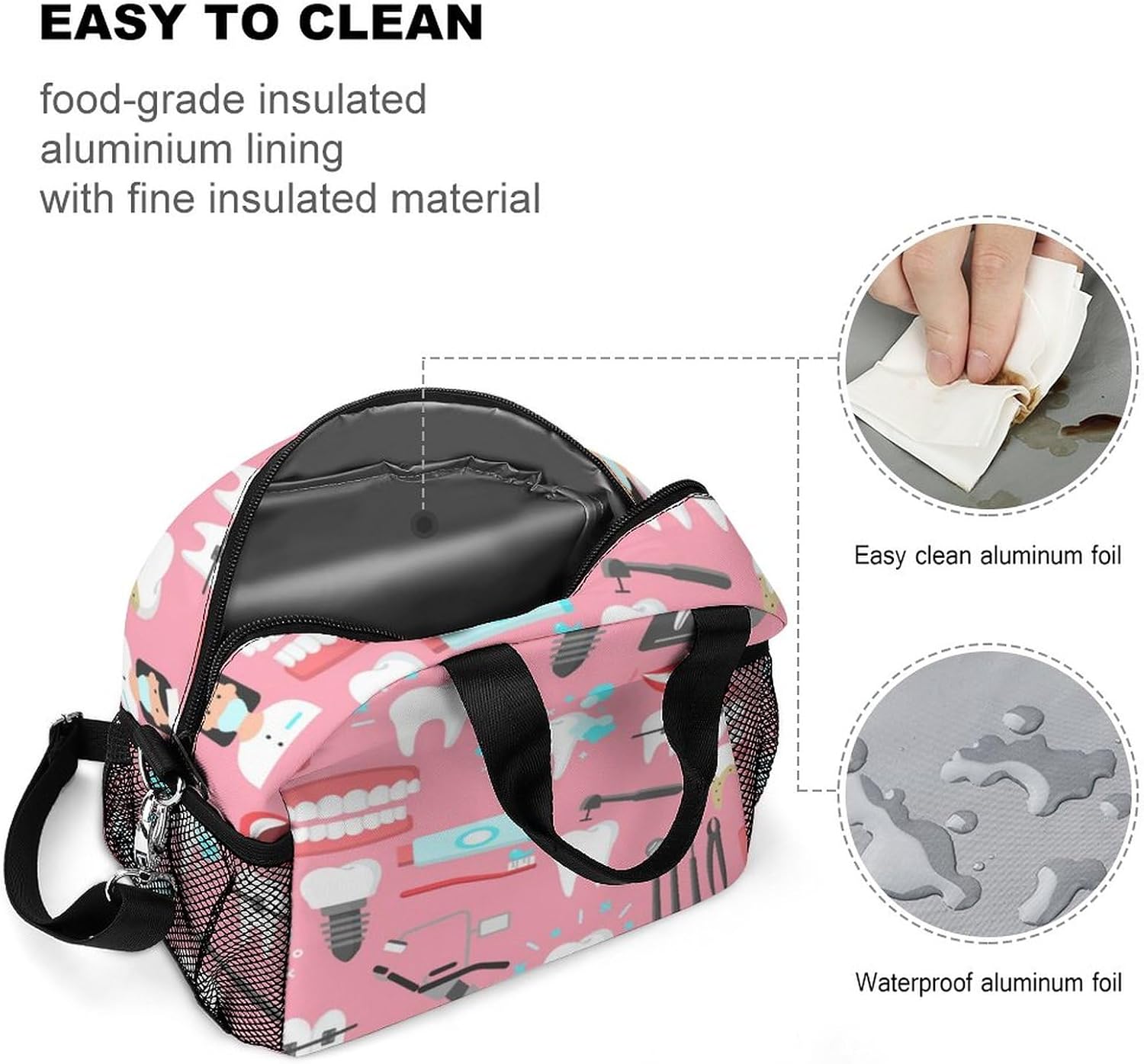 Lonchera aislada, bolsa de almuerzo pequeña con soporte para botella de agua, correa de hombro ajustable y extraíble, diseño dental sin costuras,