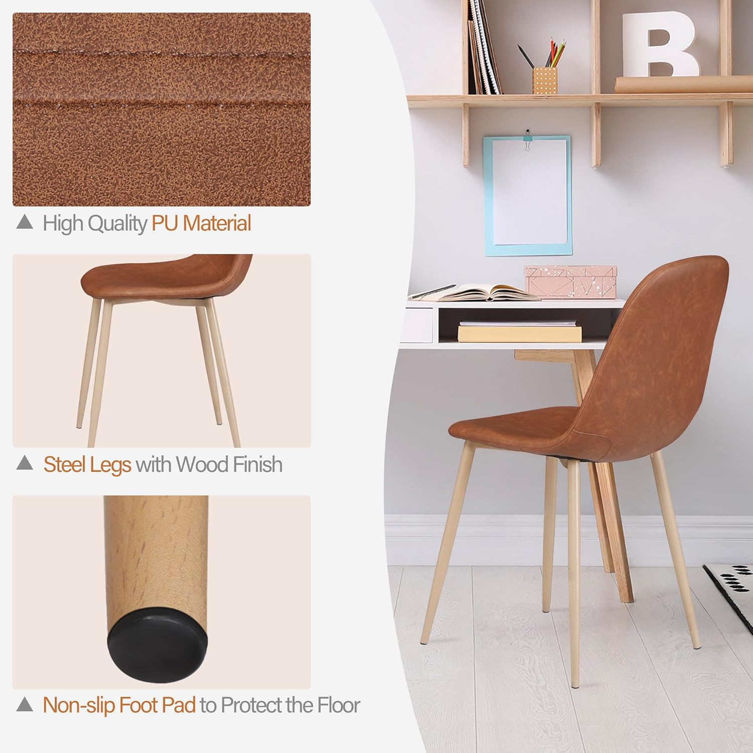 ZENY Juego de 4 sillas de comedor, sillas de comedor modernas de mediados de siglo, sillas acolchadas de piel sintética con patas de metal, sillas