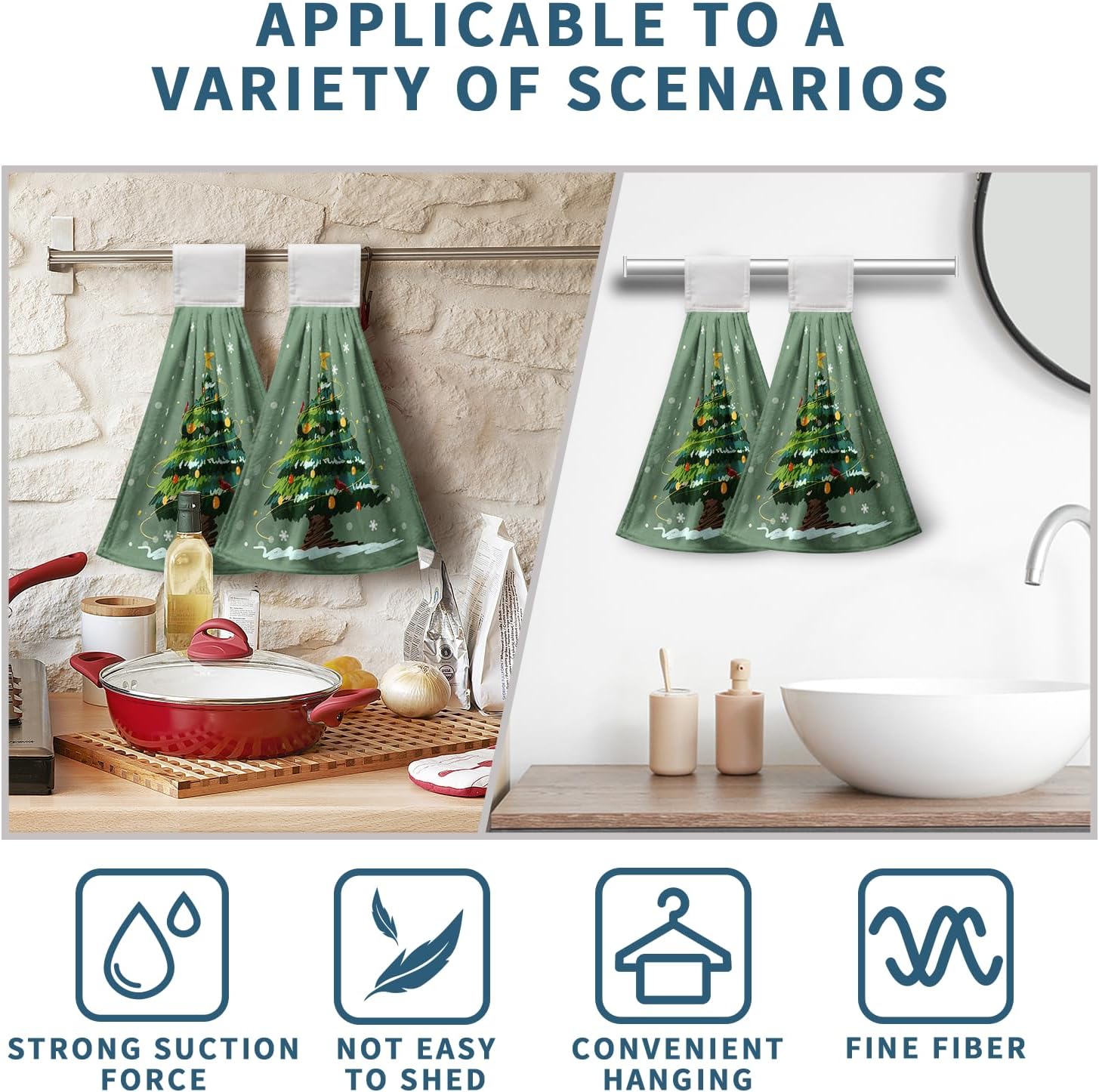 Juego de 2 toallas de cocina colgantes para árbol de Navidad de Navidad, toalla de mano de nieve con lazo para colgar, copos de nieve nevados y