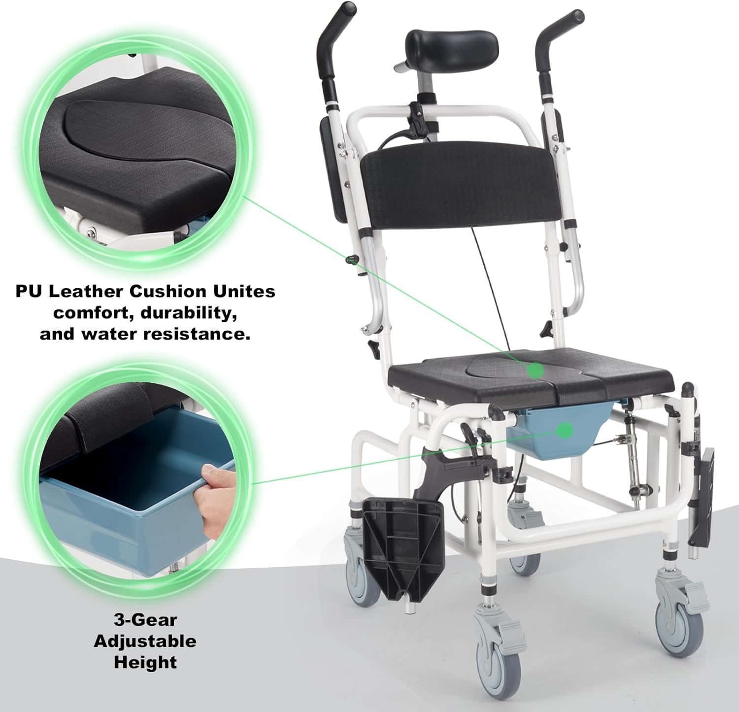 Silla de cama 4 en 1, silla de ruedas inclinable para ducha de 30, silla de champú con reposacabezas y cubo, silla con ruedas de transporte