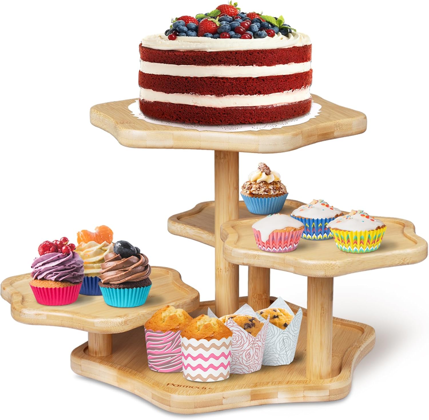 Soporte de torre de bambú de 5 niveles para 50 cupcakes, soporte de madera para pasteles en forma de nube, decoración de bandeja escalonada, soporte