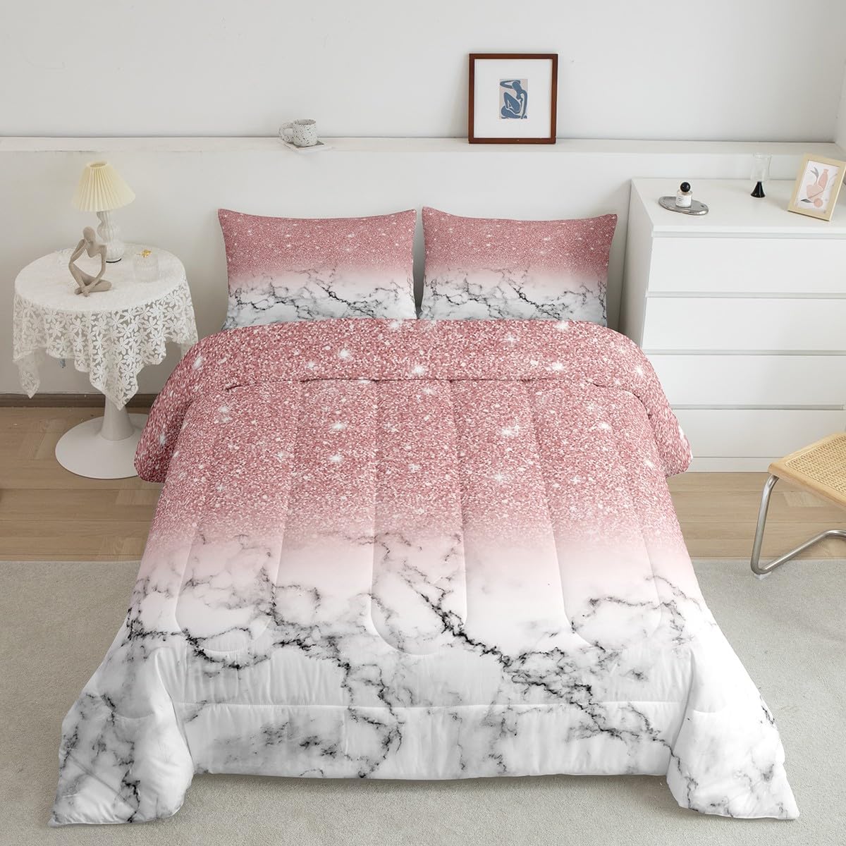 Feelyou Juego de edredón de mármol para niñas, tamaño individual, con purpurina degradada, para niños, niñas y mujeres, juego de ropa de cama con