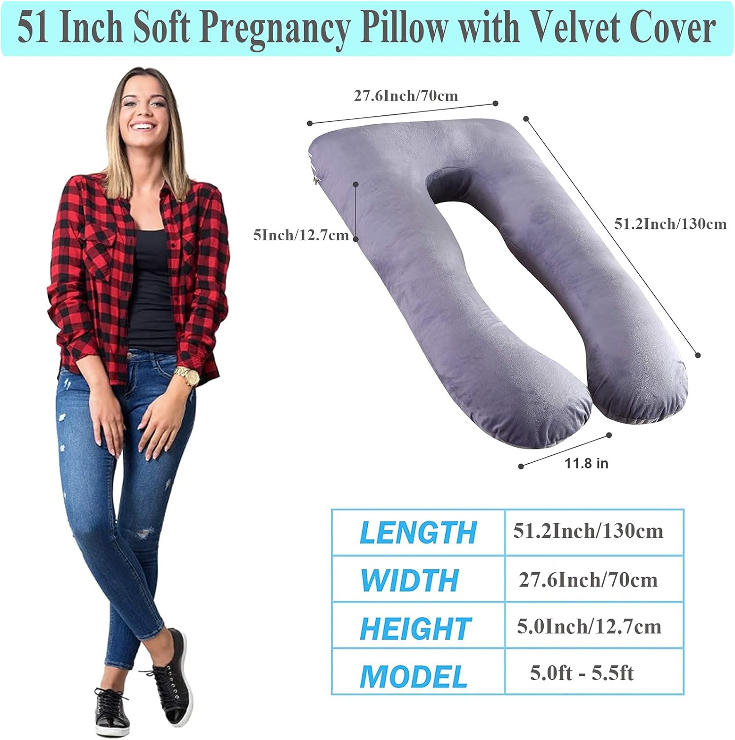 Almohada de embarazo, almohada de cuerpo completo en forma de U con funda extraíble de terciopelo, almohada de cama múltiple de 51 pulgadas,