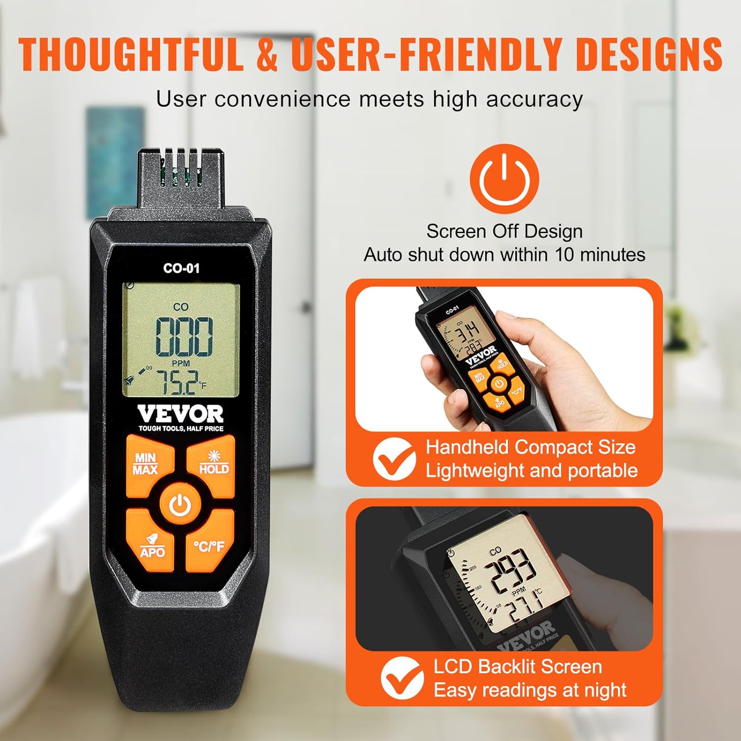 VEVOR Detectores de monóxido de carbono, detector de CO portátil de 0 a 1000 PPM con alarma audible y visual, medidor de gas CO portátil con sensor