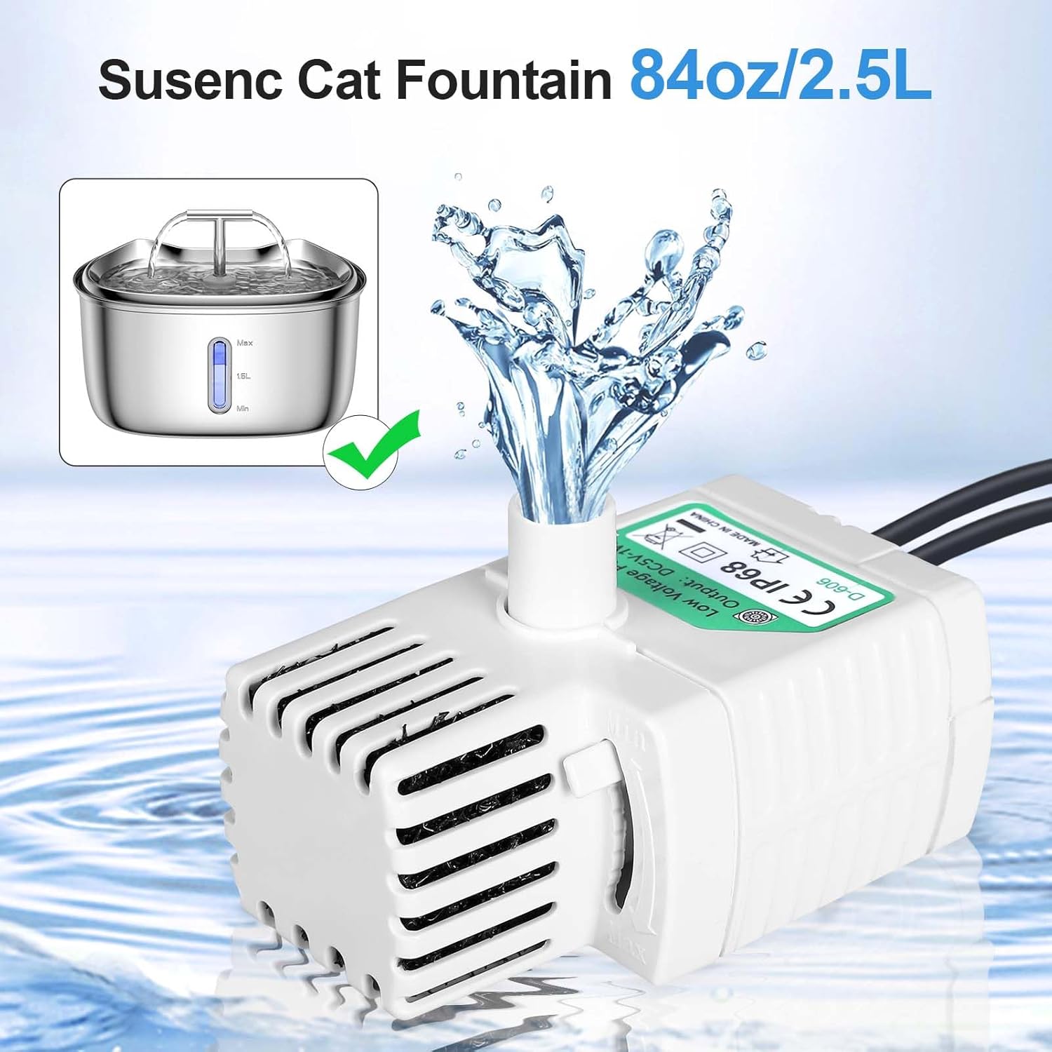 Bomba de fuente de agua para gatos, bomba de fuente de agua para mascotas, solo compatible con fuente de agua K15 de 84 onzas2.5 L, repuesto de