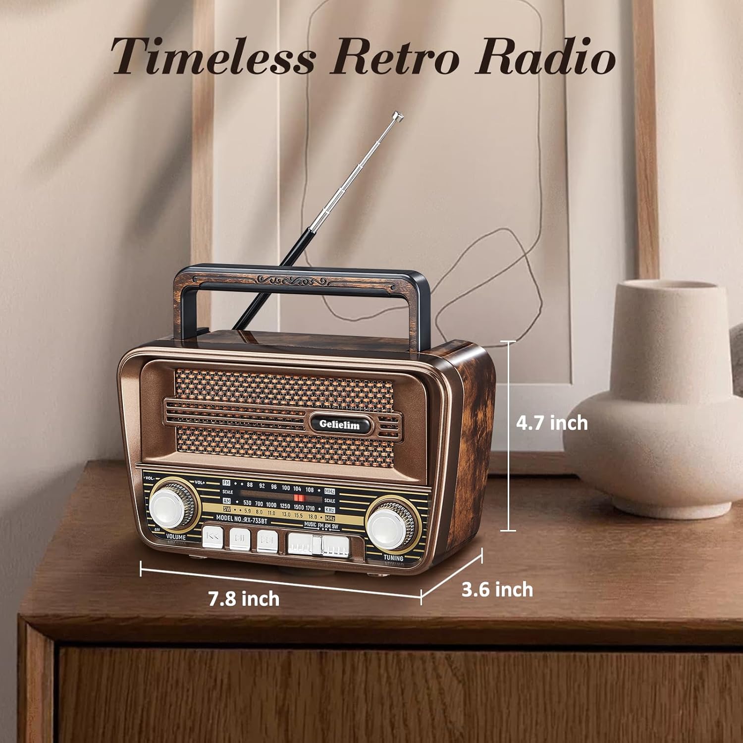 Gelielim Radio retro AM FM, radio portátil de onda corta con la mejor recepción, altavoz Bluetooth 5.3, funciona con pilas, compatible con tarjeta