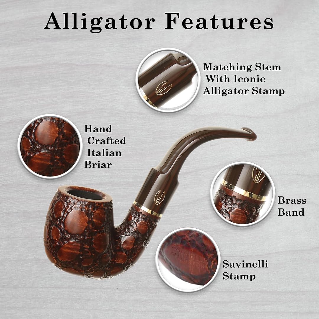Alligator Savinelli Pipe – Pipa de tabaco de brezo, pipa artesanal italiana, pipa de tabaco hecha a mano, pequeñas pipas de tabaco de madera ligeras