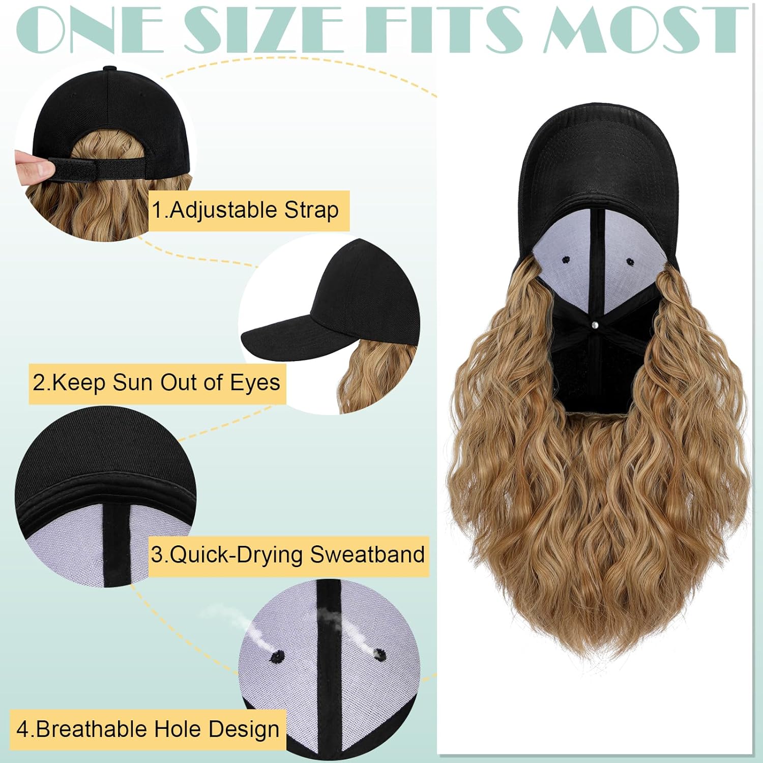 Lansigreen Peluca de gorra de béisbol para mujer, gorra de béisbol con extensiones de cabello, gorra ajustable adjunta de 15 pulgadas, peluca
