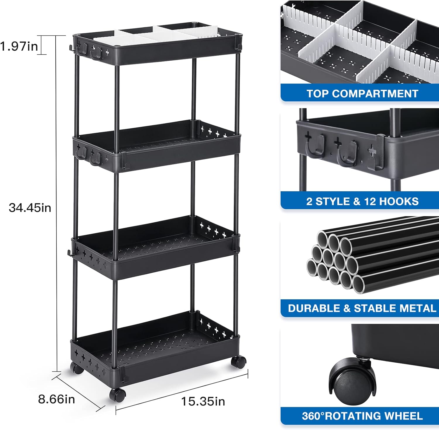 KINGRACK Carrito utilitario rodante de 4 niveles, carrito de arte de almacenamiento para manualidades con divisores ajustables, carrito de servicio