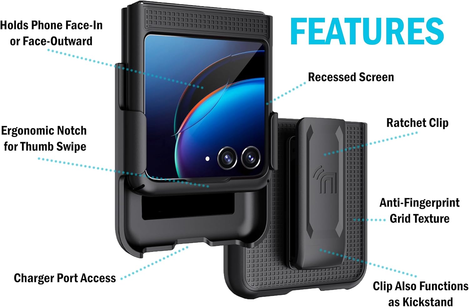 Nakedcellphone – Funda con clip para Motorola RAZR+ 2023, textura de cuadrícula cubierta rígida delgada y giratoriatrinquete Funda de cadera para