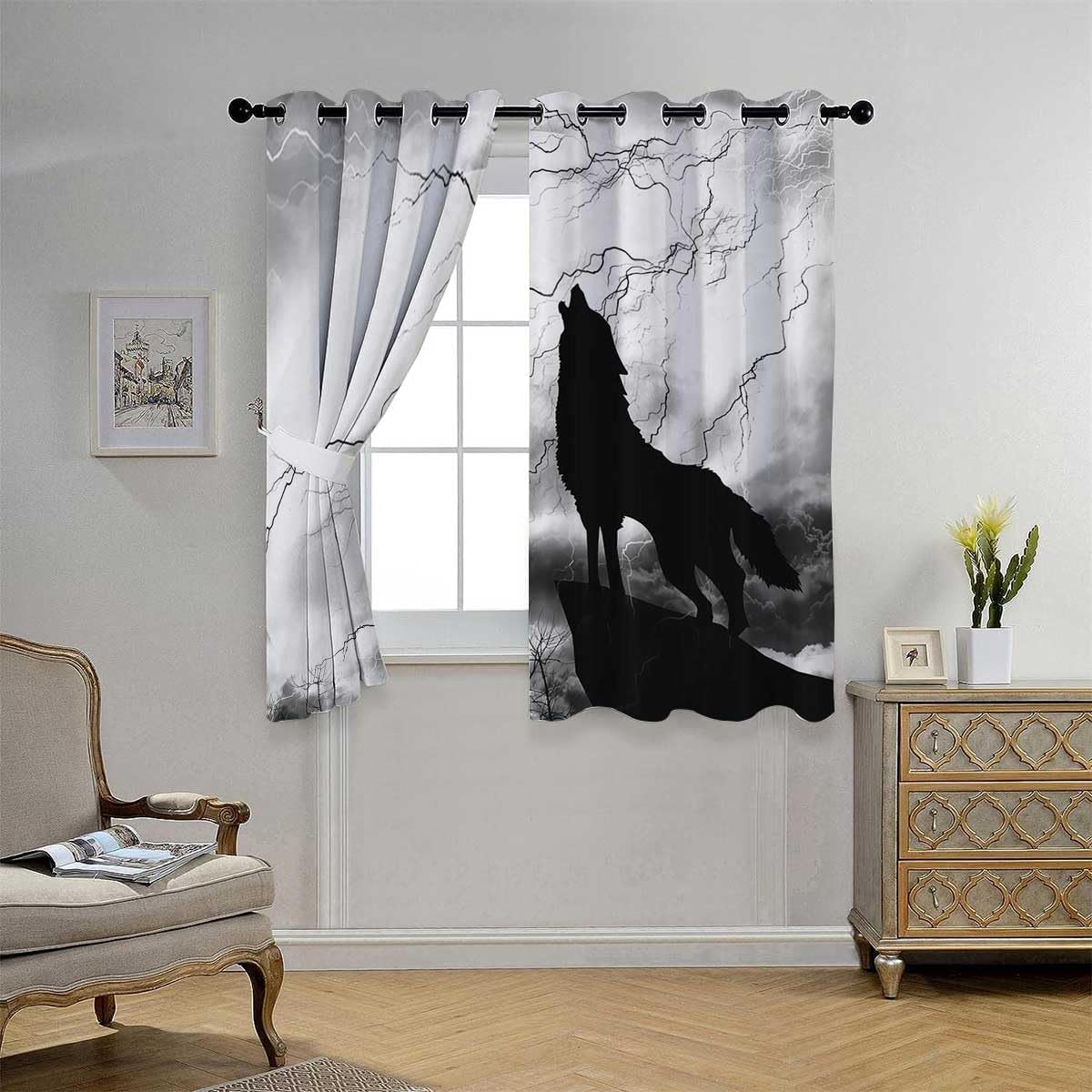 YANFENQI Short Curtains Blackout Black Wolf Silhouette Doorway Curtains Cortinas para Ventanas De Cuarto 55Inch Width by 72Inch Length,2 Panels
