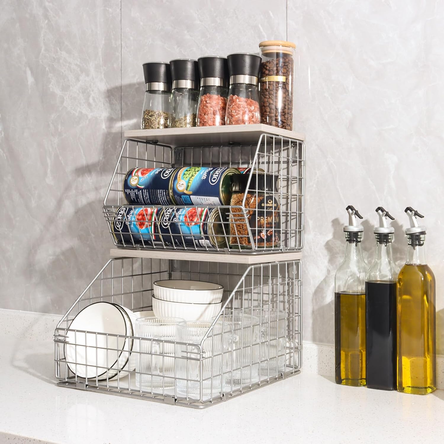 Cesta de frutas plateada, apilable para montar en la pared, cesta de almacenamiento con tapa de madera, cesta de alambre colgante de cocina para