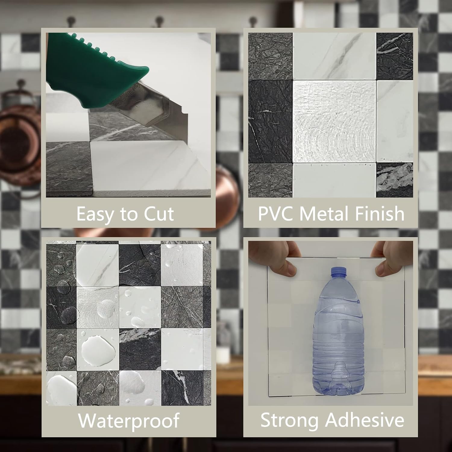 Crystiles Medley – Azulejos de PVC y aluminio de 12 x 12 pulgadas, para despegar y pegar, mármol negro y metal cepillado, paquete de 12 unidades