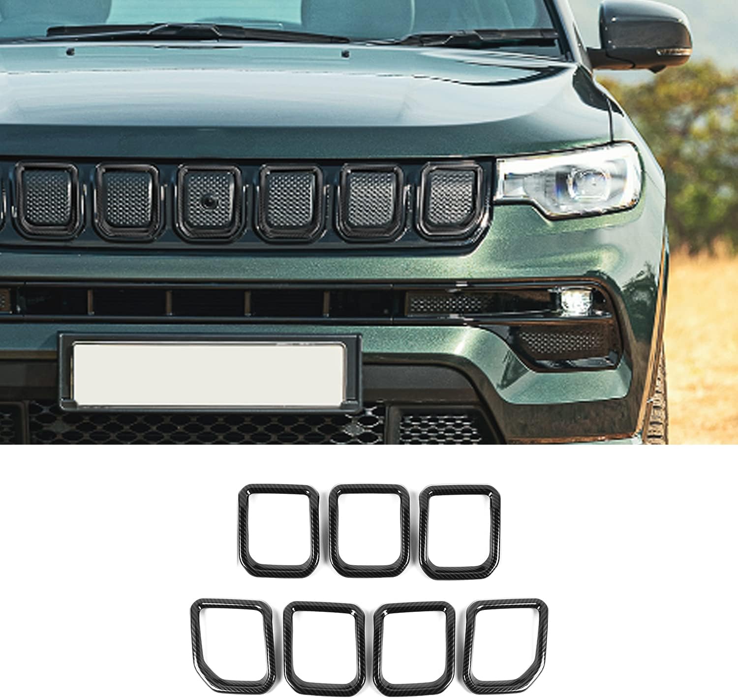 CheroCar para Jeep Compass Rejilla Insertos Cubierta de parrilla delantera Accesorios exteriores para Jeep Compass 2021-2023, fibra de carbono..