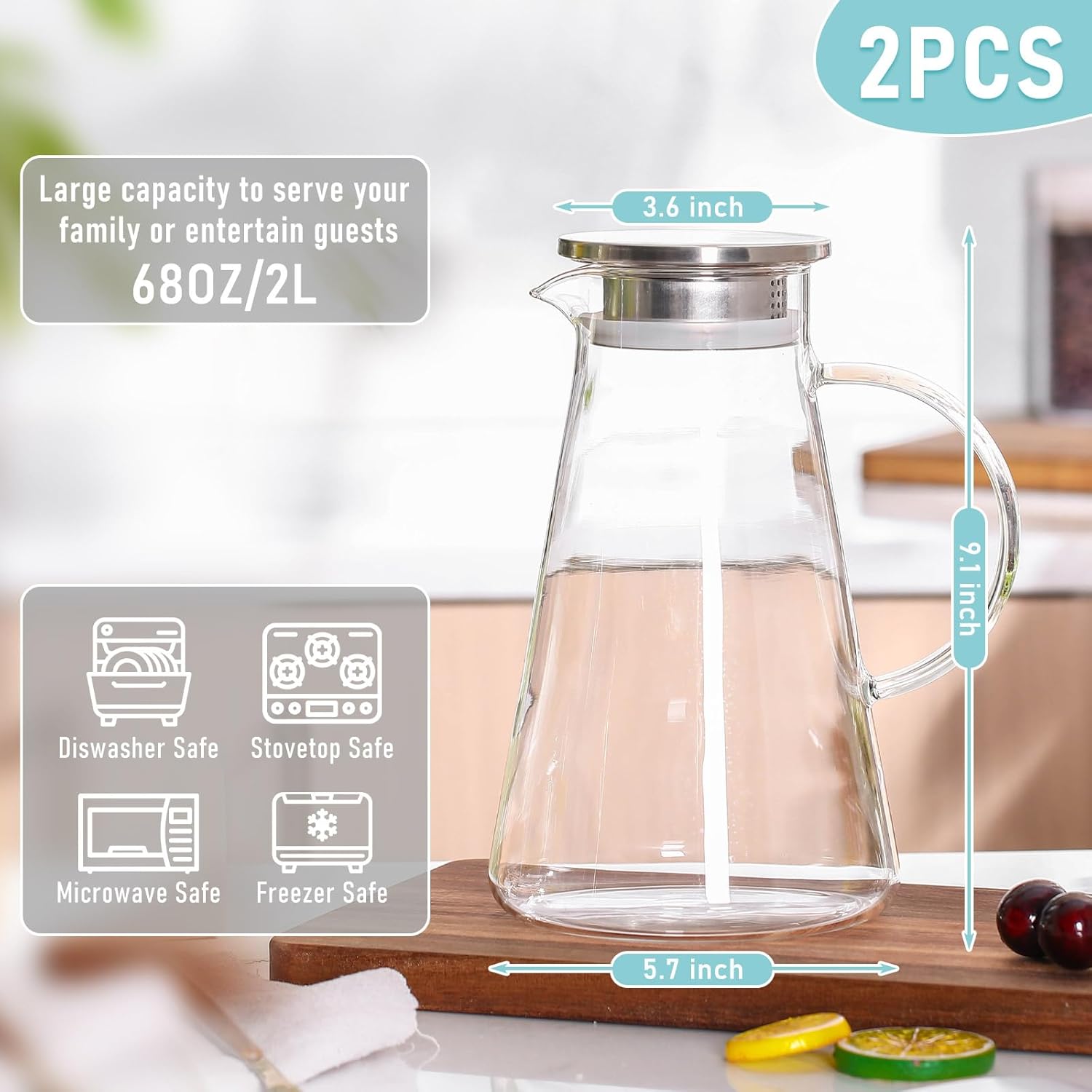 2 jarras de vidrio con tapa y boquilla, jarra de agua de vidrio con asa para jugo de té, leche, bebidas frías o calientes, con cuchara de mezcla de