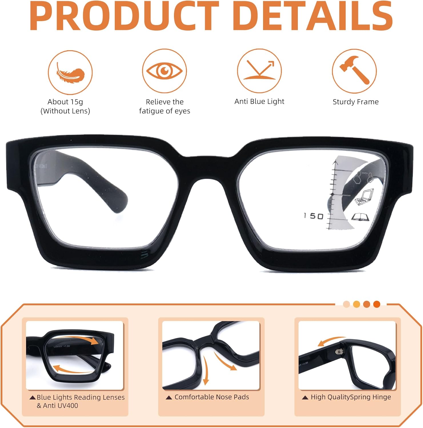 LOVIVY Paquete de 3 lentes de lectura multifocales progresivos para mujeres y hombres, de gran tamaño, retro, cuadrados, multienfoque, lectores