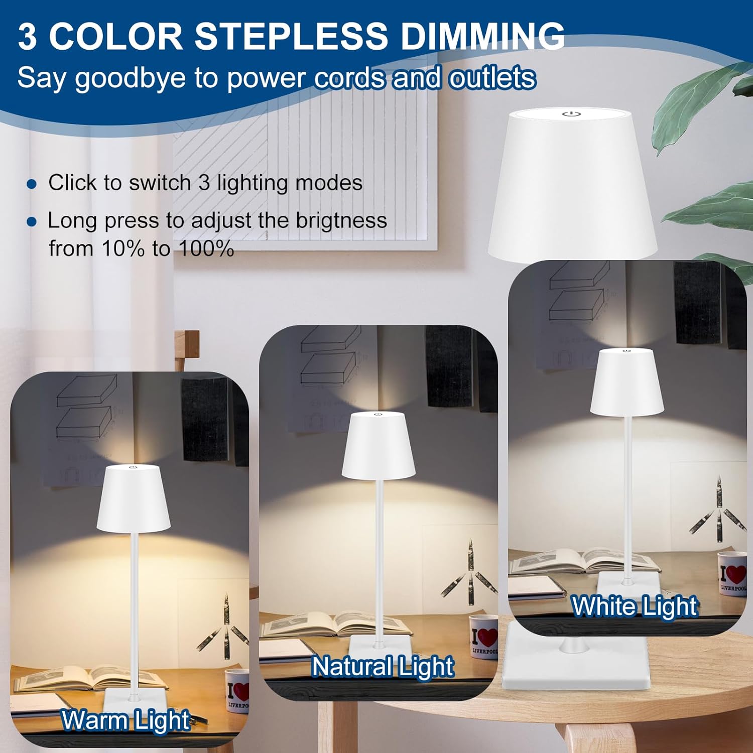 Aiwewin Lámpara de mesa inalámbrica, lámpara de escritorio LED portátil, funciona con pilas, luz de mesa de 5000 mAh, atenuación de 3 colores,