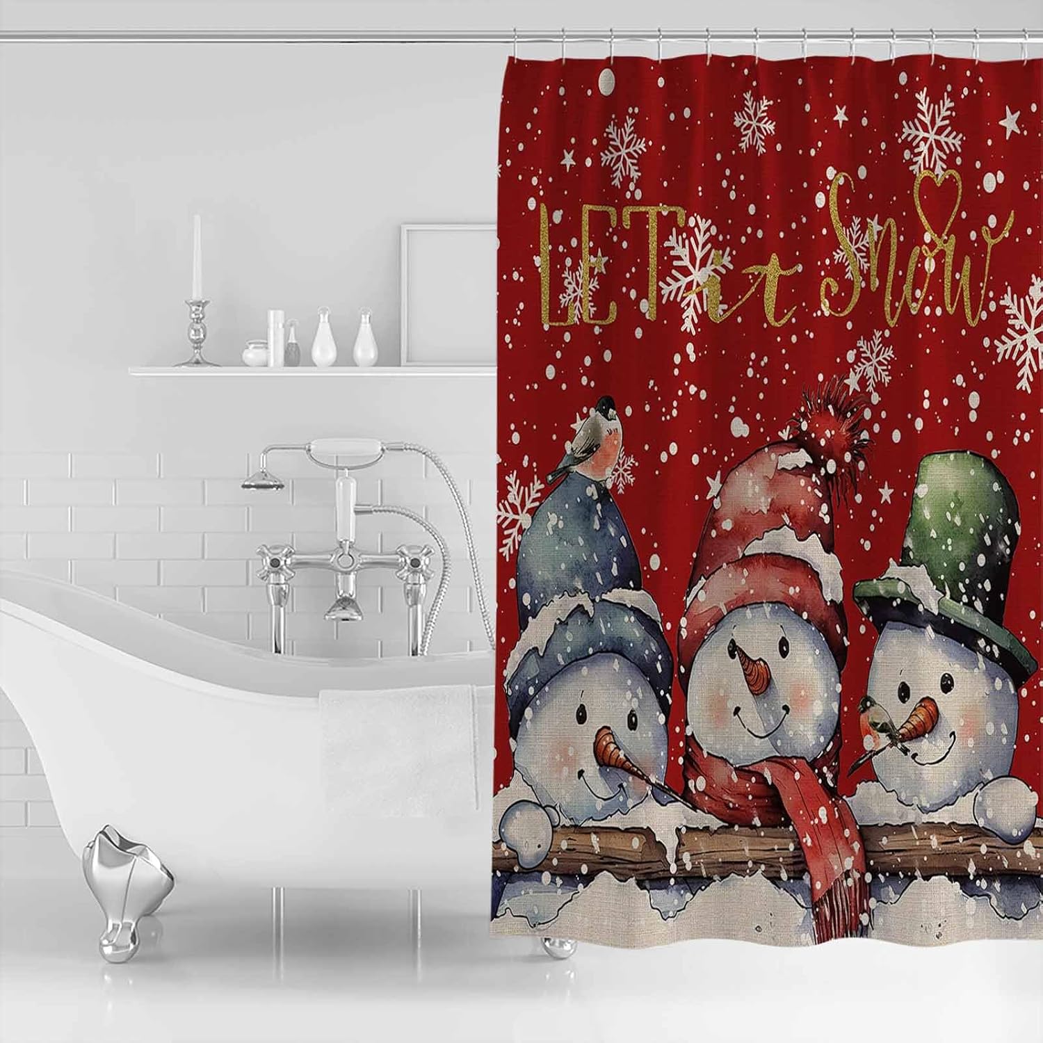 LBHAUSE Cortina de ducha de Navidad con diseño de muñeco de nieve rojo para baño, cortina de ducha de tela impermeable con copos de nieve en