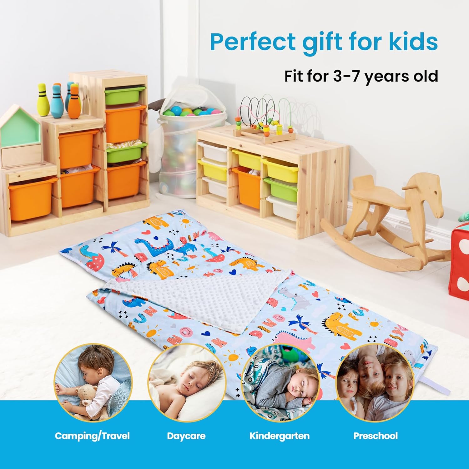 Saco de dormir para niños con almohada extraíble y manta, extra grueso, grande, 2 en 1, para niños y niñas, tapete para siesta para preescolar,