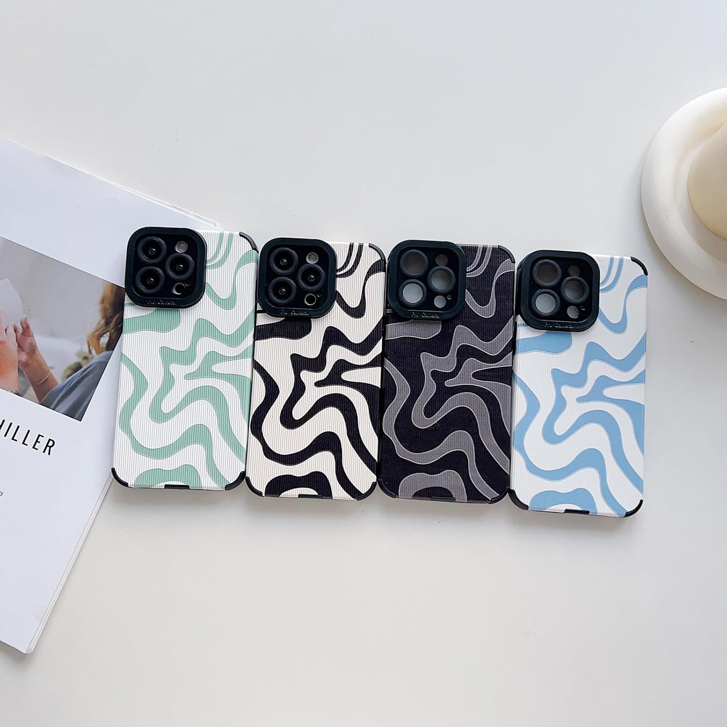 Diseñada para iPhone 13, funda de piel sintética suave TPU y bonito arte ondulado pintado para mujeres y hombres, compatible con iPhone (grisiPhone