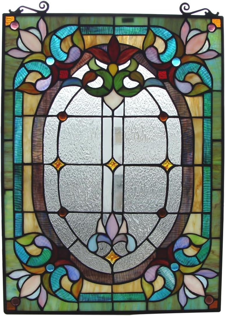Fine Art Lighting Tiffany – Panel de ventana de vitral de 18 x 24 pulgadas, 100% vitral, 204 cortes de vidrio, 18 x 24 pulgadas, cadena para colgar