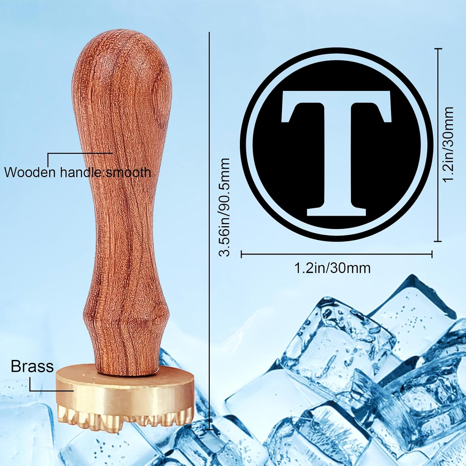 CRASPIRE Sello de hielo con letras en T de 1.2 pulgadas con cabeza de latón extraíble, mango de madera, sello de marca de hielo para cóctel, fiesta,