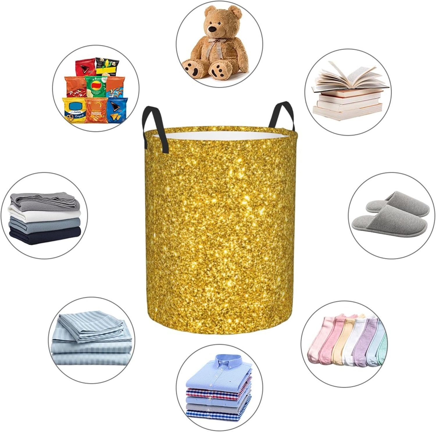 Cesta plegable de moda para ropa sucia compatible con un hermoso patrón de destellos dorados con brillantina, tela impermeable, plegable, fácil de