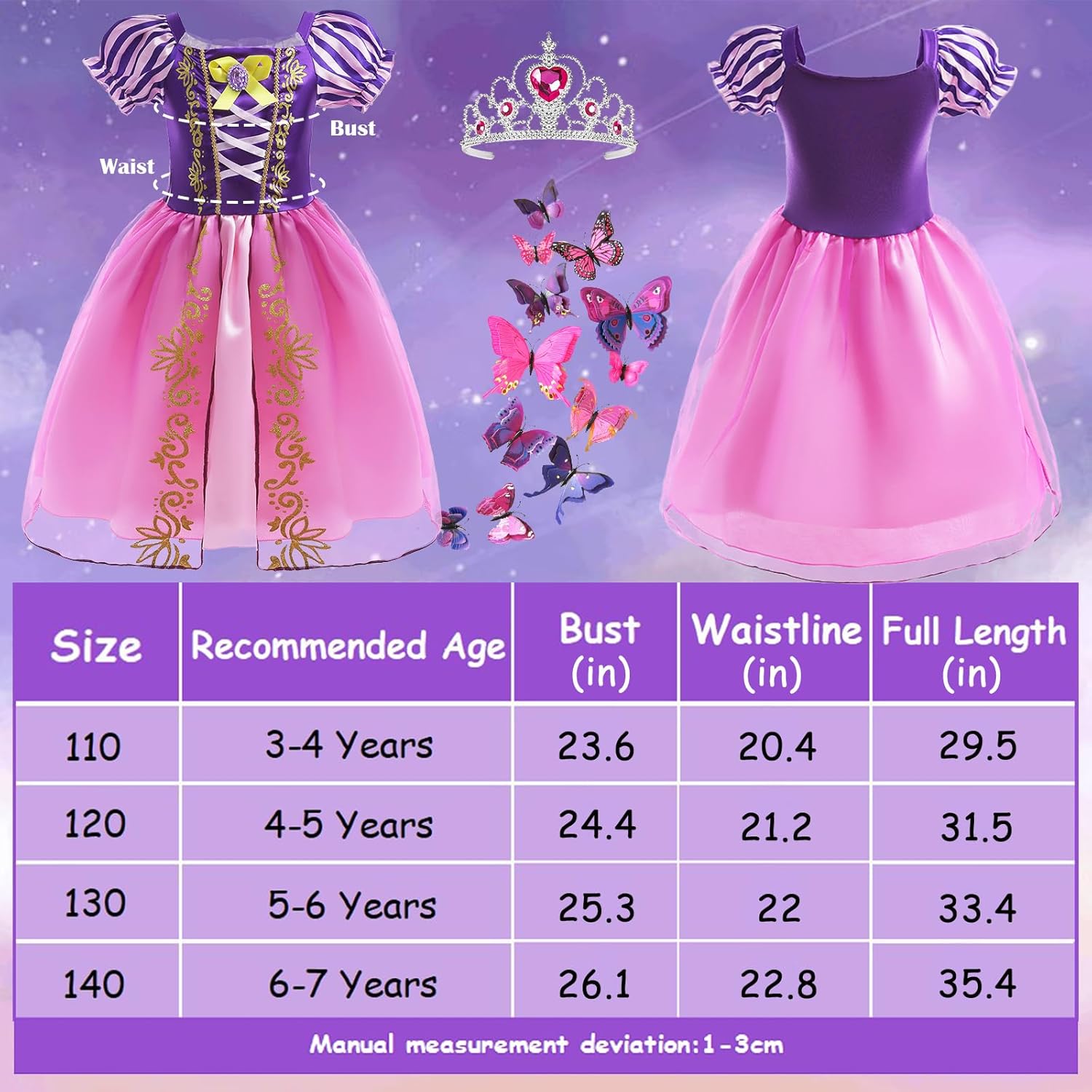Tacobear Rapunzel – Vestido de princesa para niñas, disfraz de princesa con peluca, corona y alfiler de mariposa, disfraz de Halloween, cumpleaños,