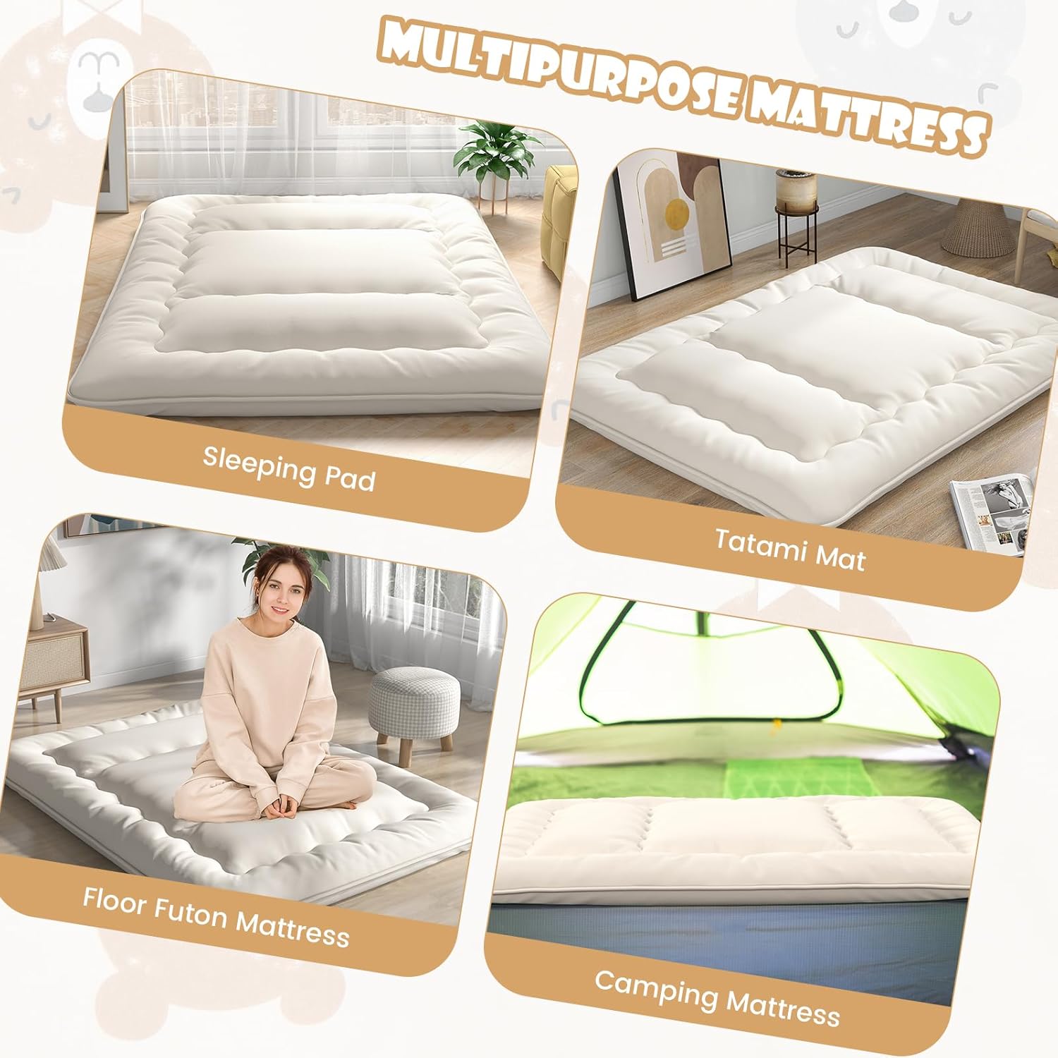 Giantex Colchón japonés de futón, colchón enrollable de tatami con funda lavable y bolsa de transporte, almohadilla de dormir plegable y portátil