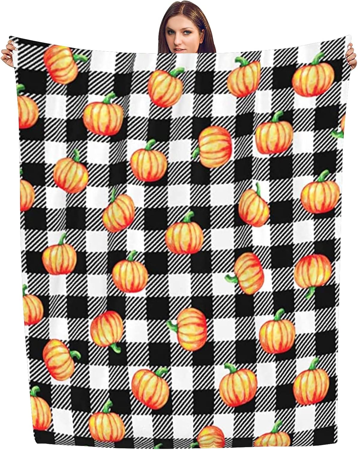 FJPT Manta de otoño de Acción de Gracias, diseño de búfalo blanco y negro con calabazas naranjas, manta de franela de vellón para sofá, cama, sofá,