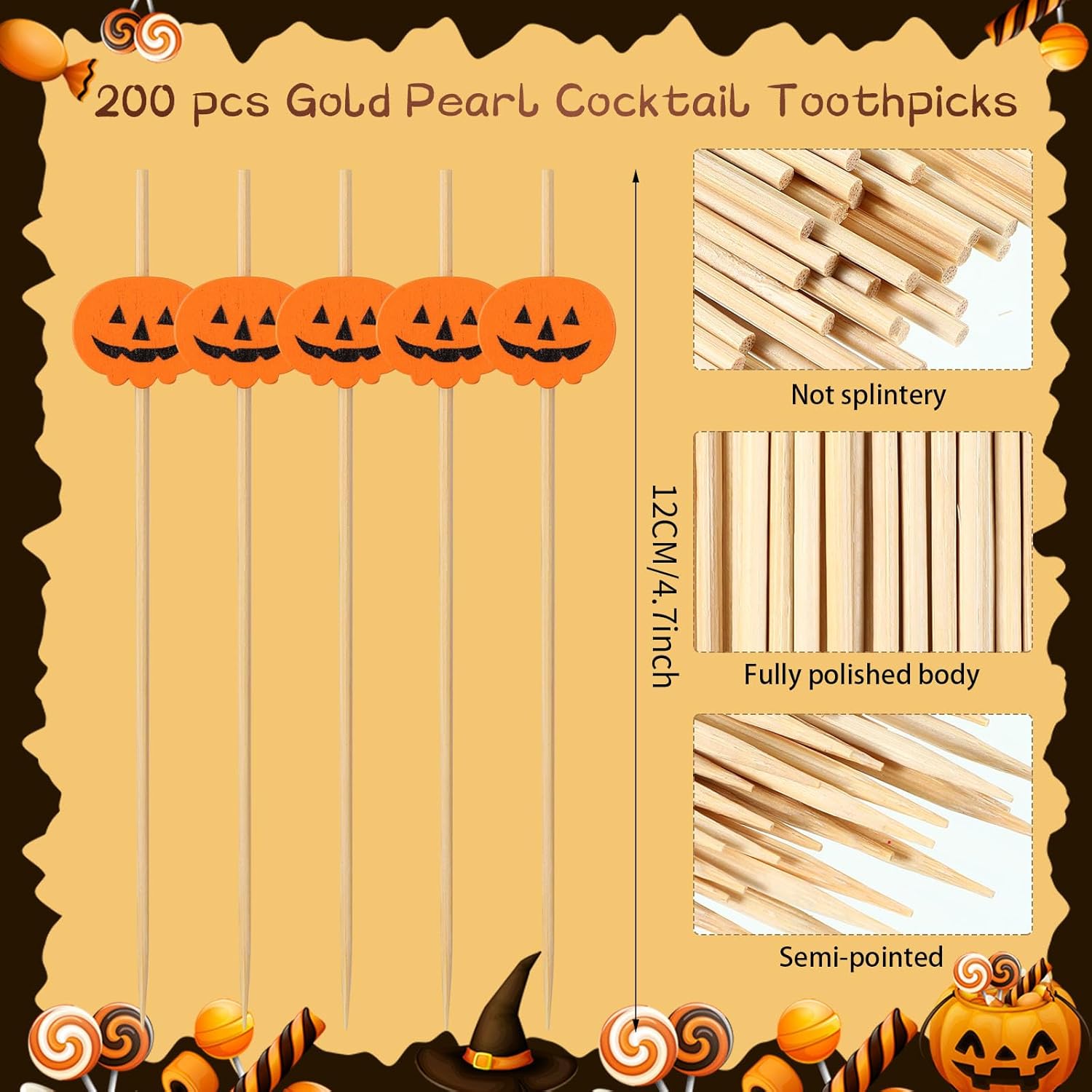 200 palillos de cóctel de calabaza de Halloween, brochetas de fruta fantasma de calabaza, palillos de comida de bambú para aperitivos de madera