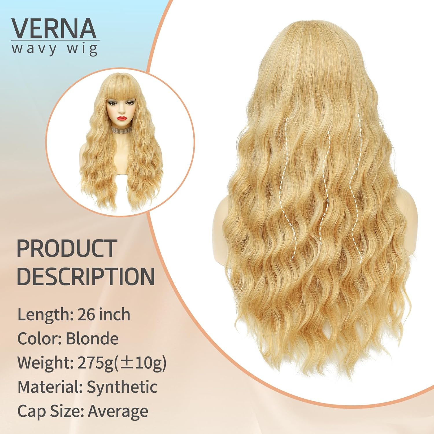VERNA Peluca rubia con flequillo, pelucas rubias de 26 pulgadas de largo para mujer, peluca ondulada rubia de aspecto natural, peluca sintética